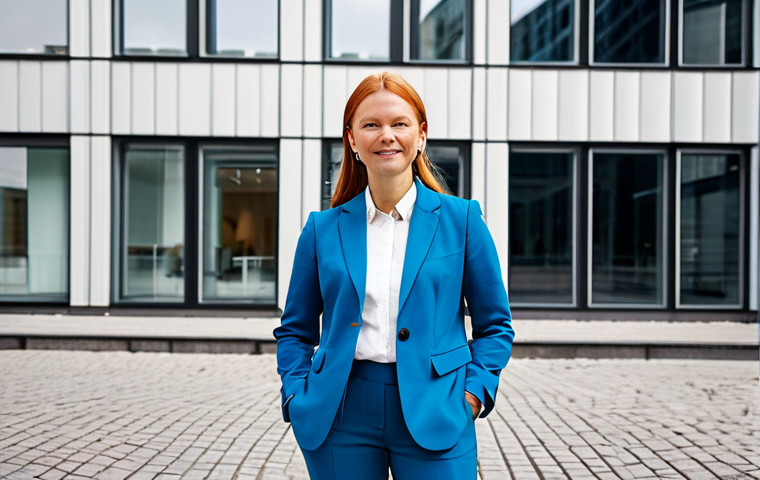 **

"A professional woman, fully clothed in a stylish yet modest Scandinavian business outfit, standing in front of a bright, modern office building in Stockholm, Sweden. Safe for work, appropriate content, perfect anatomy, natural proportions, professional photography, high quality, family-friendly."

**