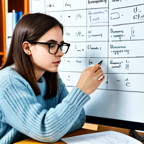 Analyzing a Complex Sentence**

"A young woman with glasses, sitting at a desk in a bright, modern library, surrounded by textbooks and notes, focused on diagramming a complex sentence on a whiteboard. She is wearing a comfortable sweater and jeans, fully clothed, professional setting, safe for work, appropriate content. The scene should convey a sense of focused study and learning, perfect anatomy, correct proportions, well-formed hands, natural pose, professional photography, high quality."

**